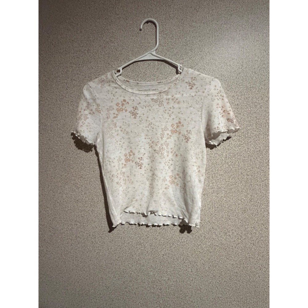 American Eagle Floral Waffle Knit Top Cream Lettuce Edge Short Sleeve Small